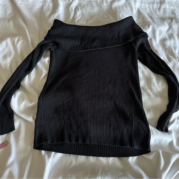 Black Ribbed Off the Shoulder Sweater - Main Image